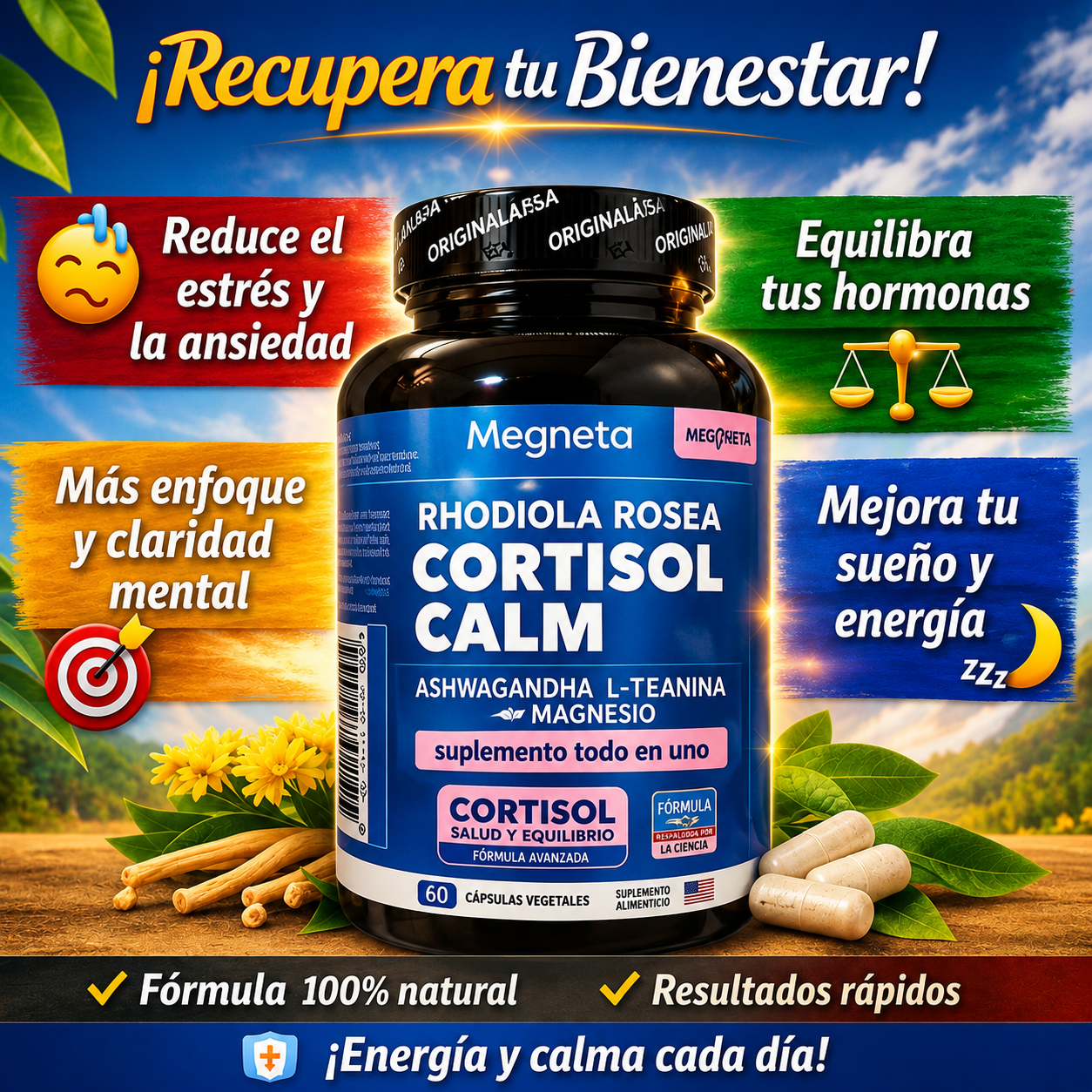 MEGNETA Cortisol — Calma natural con Magnesio, Ashwaganda y L-Theanina (120 cápsulas)