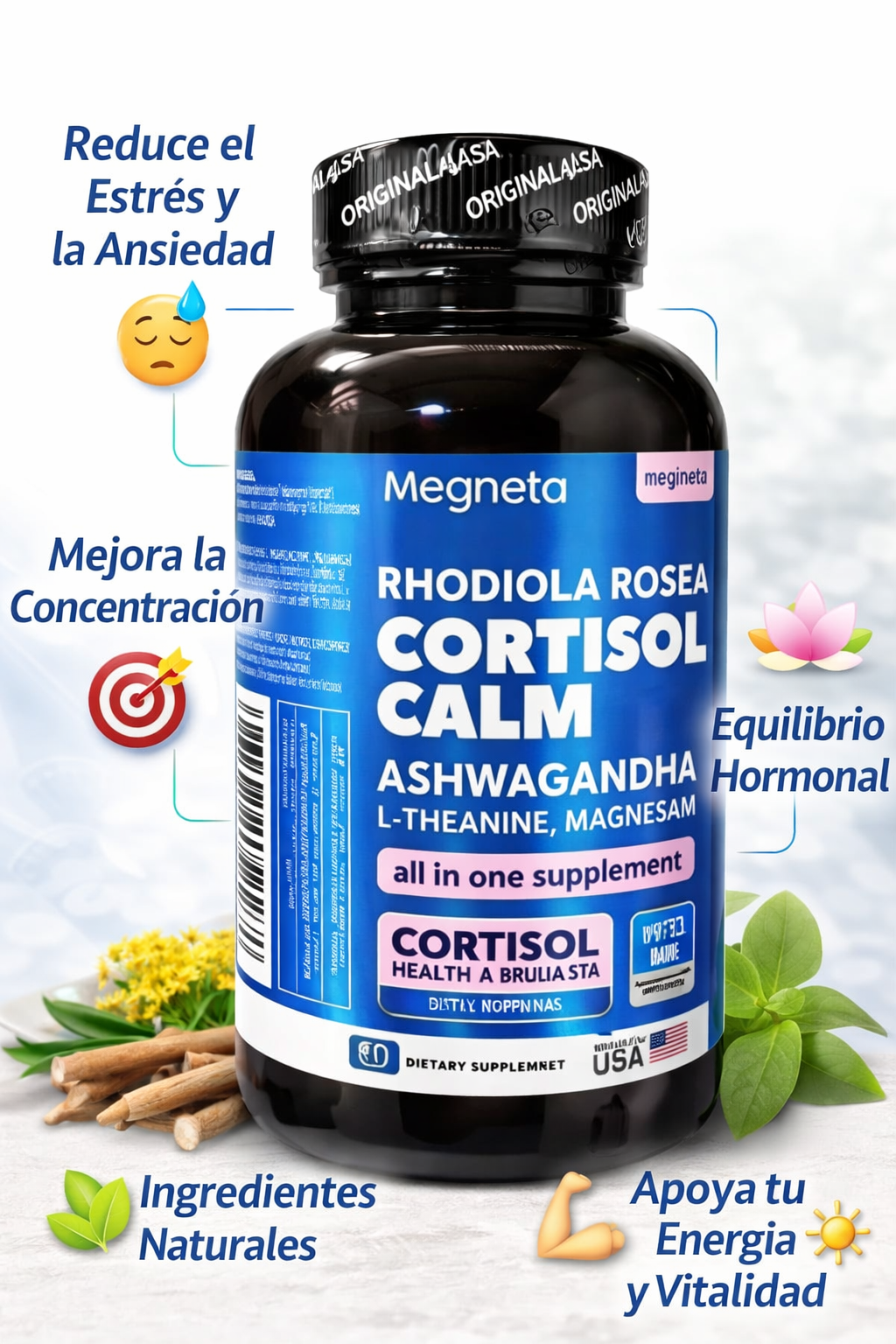 MEGNETA Cortisol — Calma natural con Magnesio, Ashwaganda y L-Theanina (120 cápsulas)